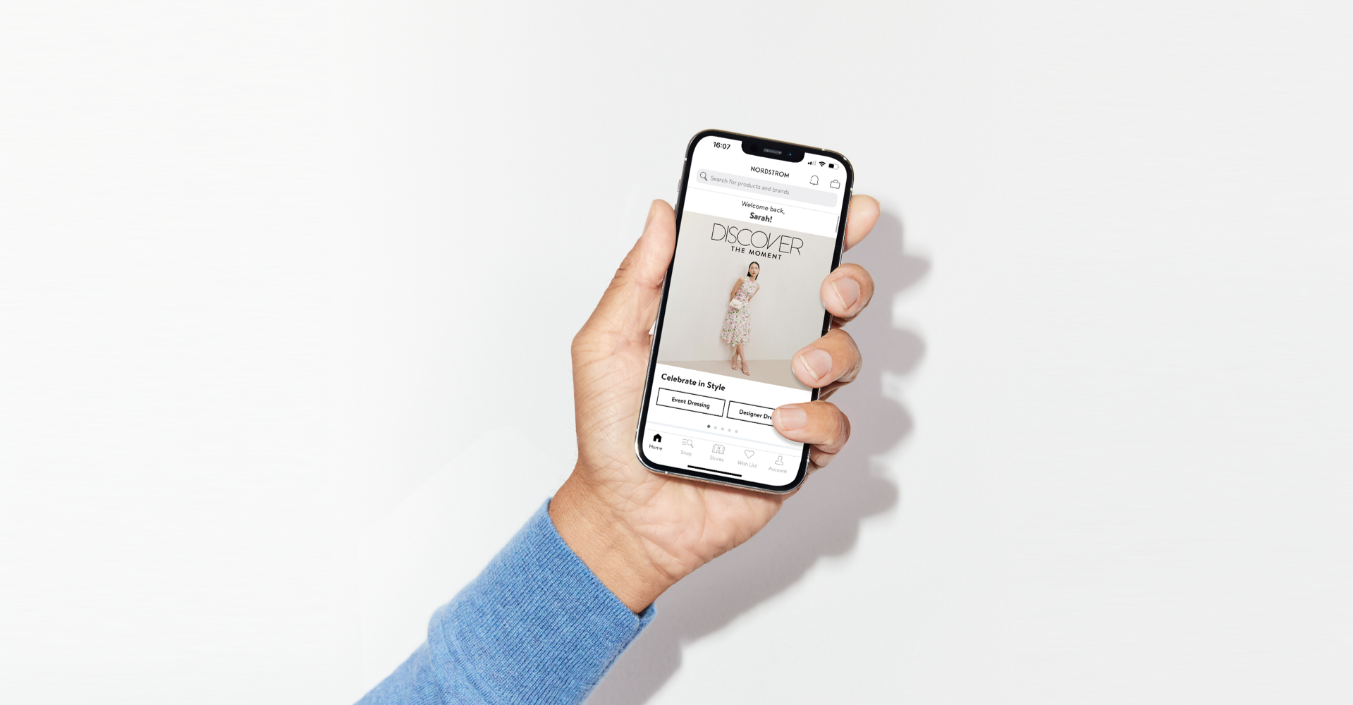 Hand holding phone with Nordstrom App open